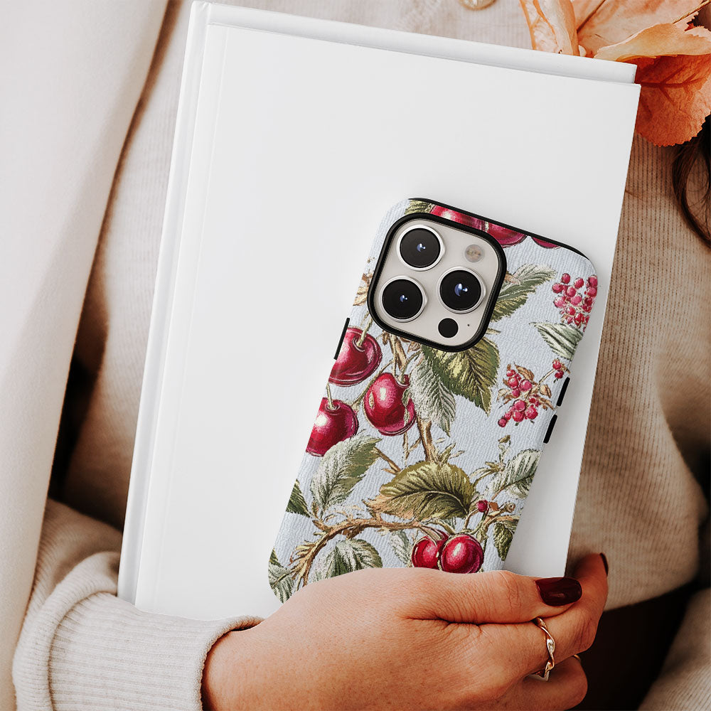 Double-Layer Semi-Handprinted Tough Matte Cherries iPhone Case