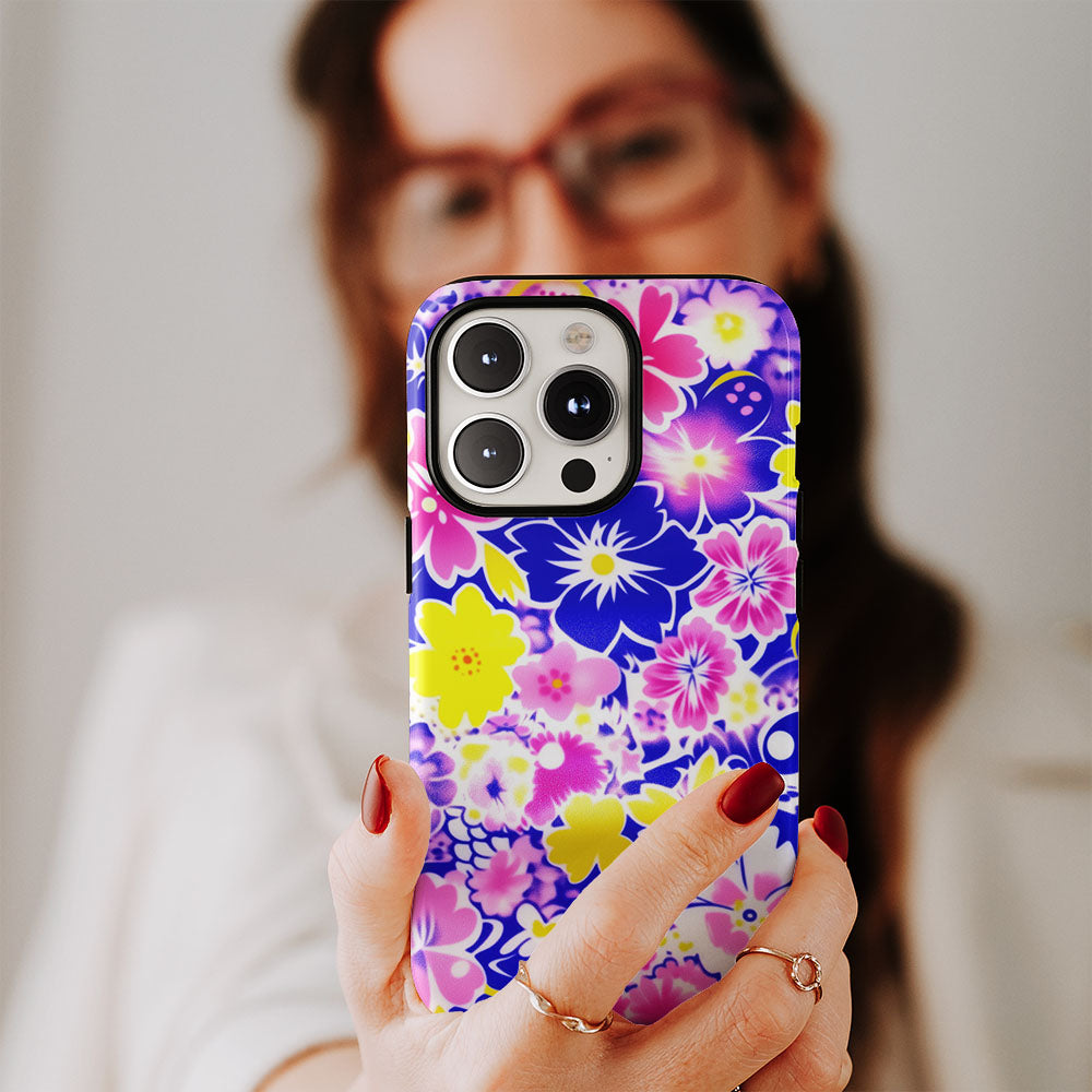 Double-Layer Semi-Handprinted Tough Matte Flowers iPhone Case