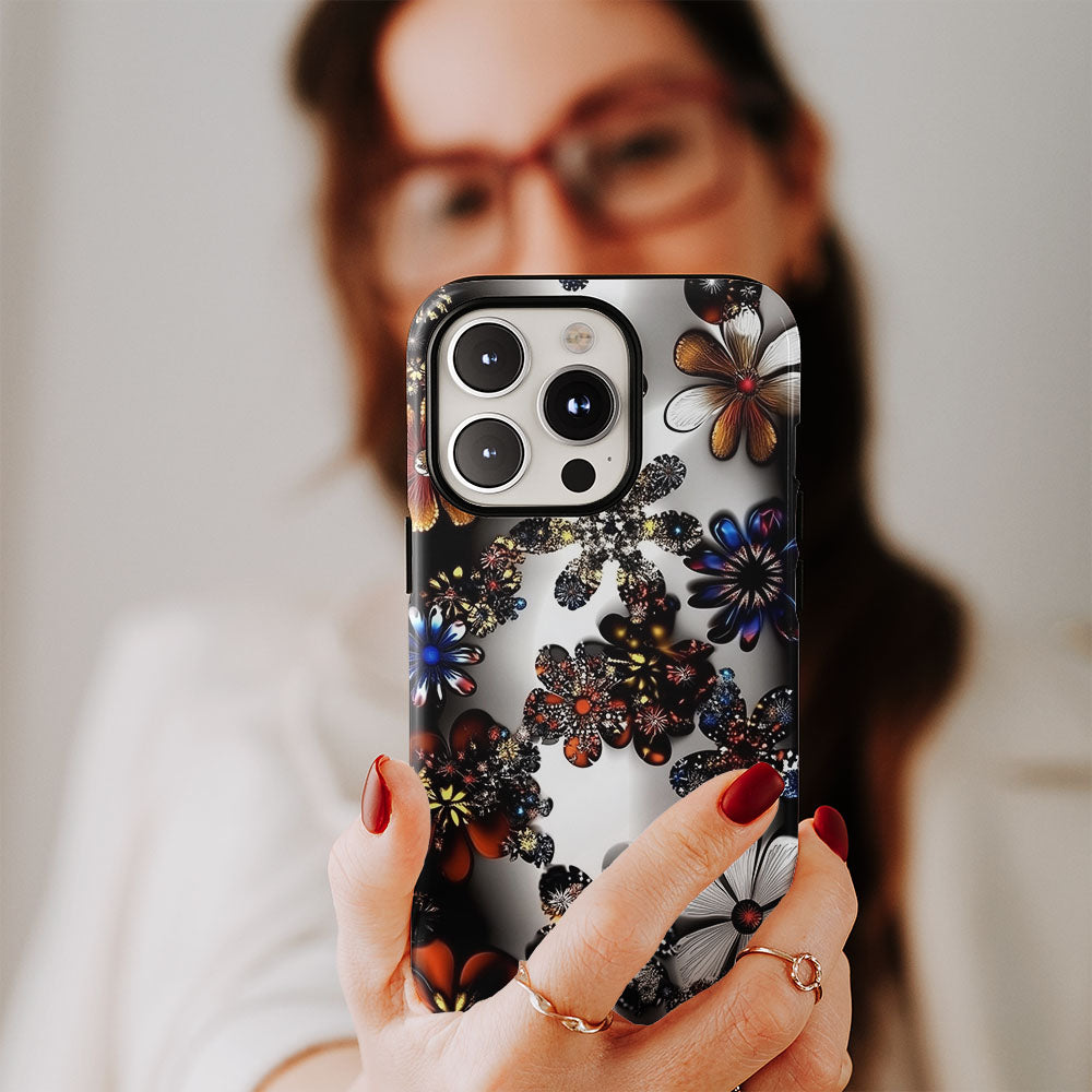 Double-Layer Semi-Handprinted Tough Matte Flowers iPhone Case