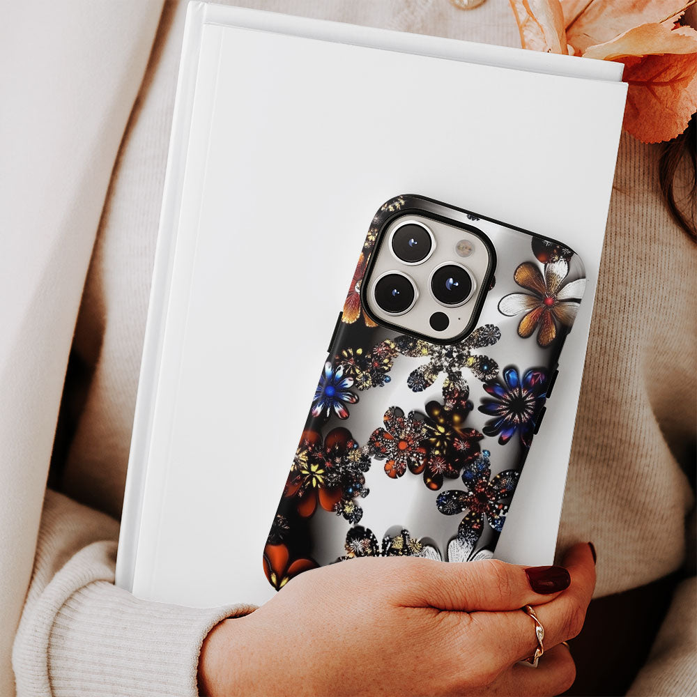 Double-Layer Semi-Handprinted Tough Matte Flowers iPhone Case