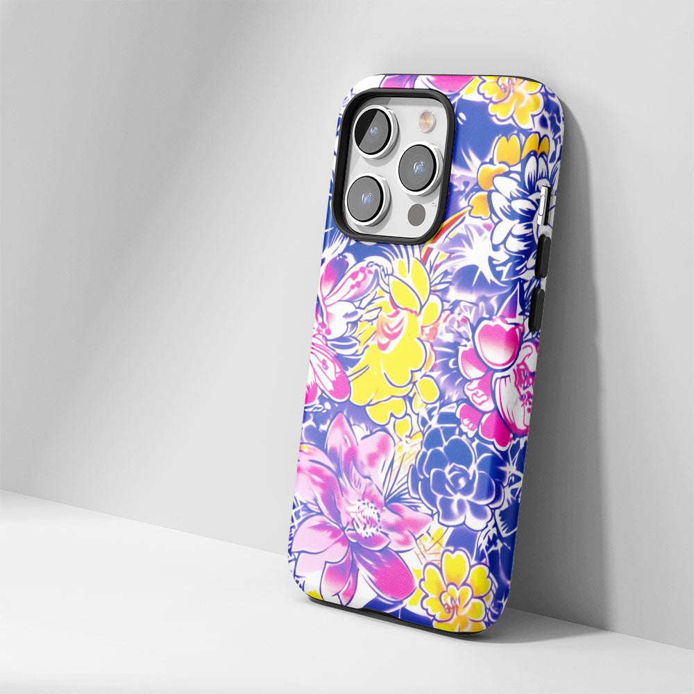 Double-Layer Semi-Handprinted Tough Matte Flowers iPhone Case