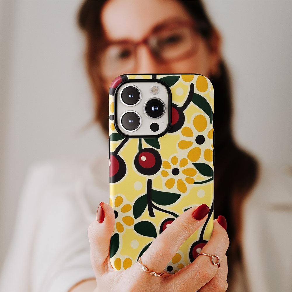 Double-Layer Semi-Handprinted Tough Matte Cherries iPhone Case