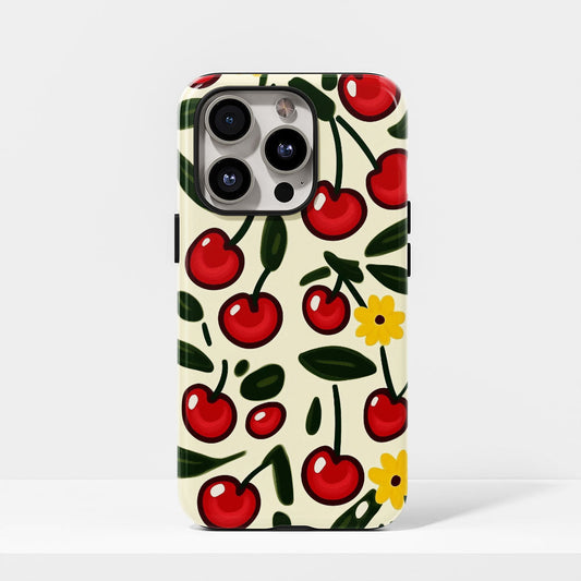 Double-Layer Semi-Handprinted Tough Matte Cherries iPhone Case