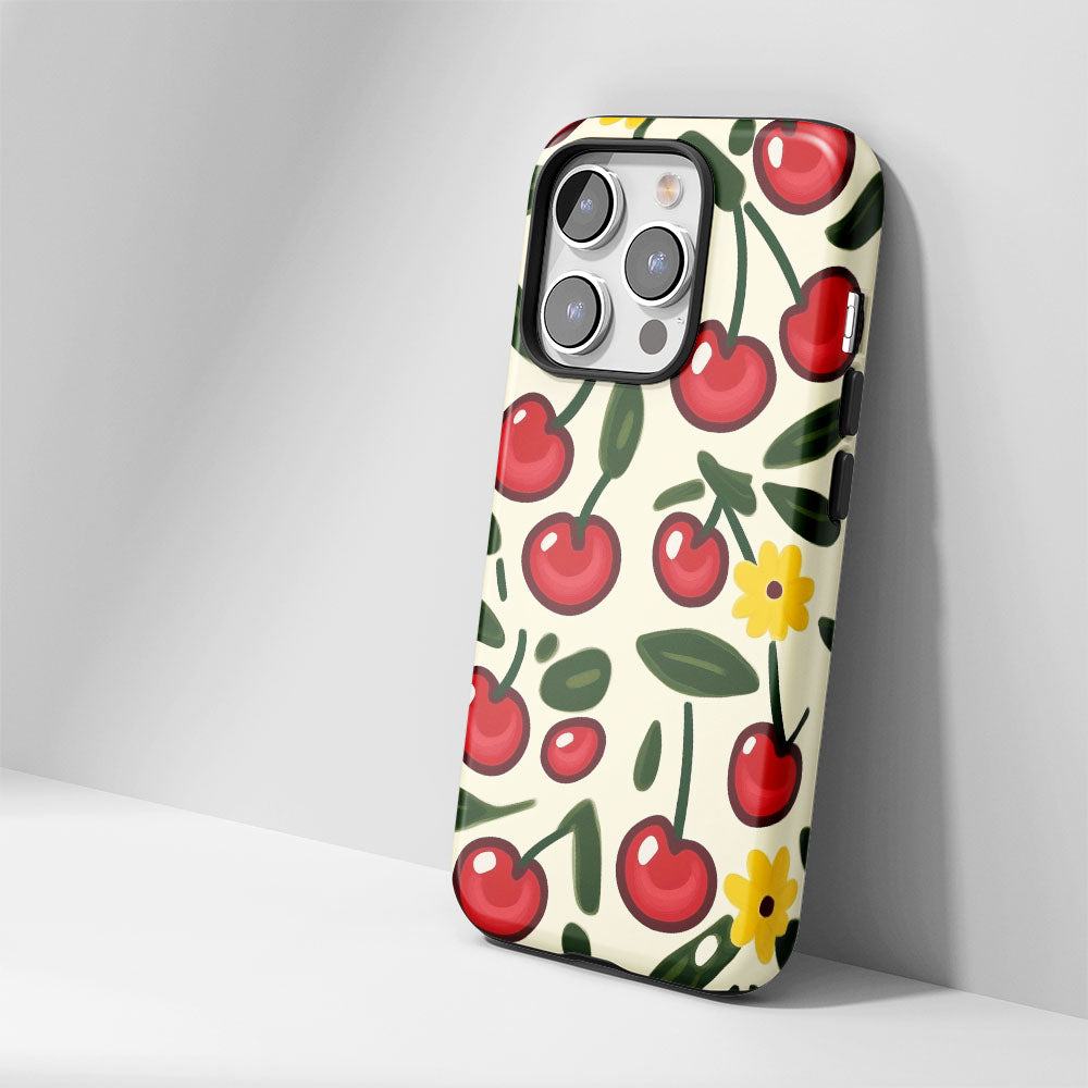 Double-Layer Semi-Handprinted Tough Matte Cherries iPhone Case