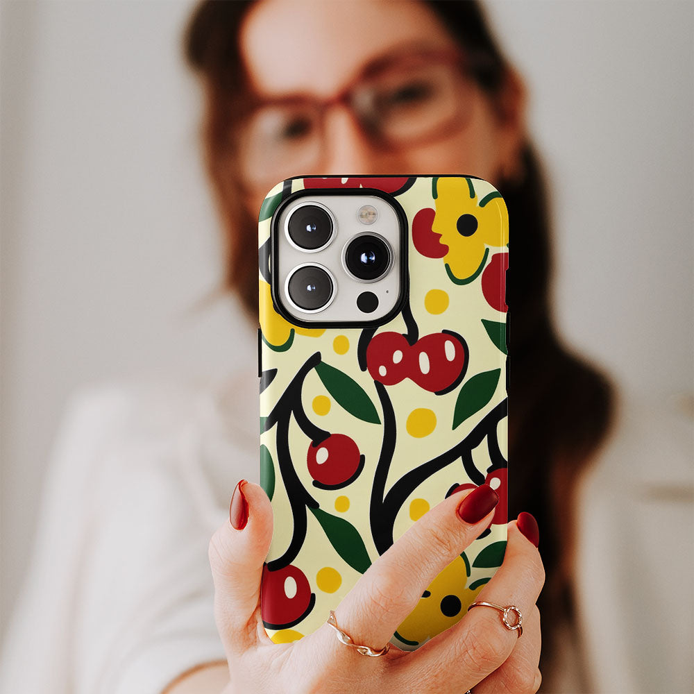 Double-Layer Semi-Handprinted Tough Matte Cherries iPhone Case