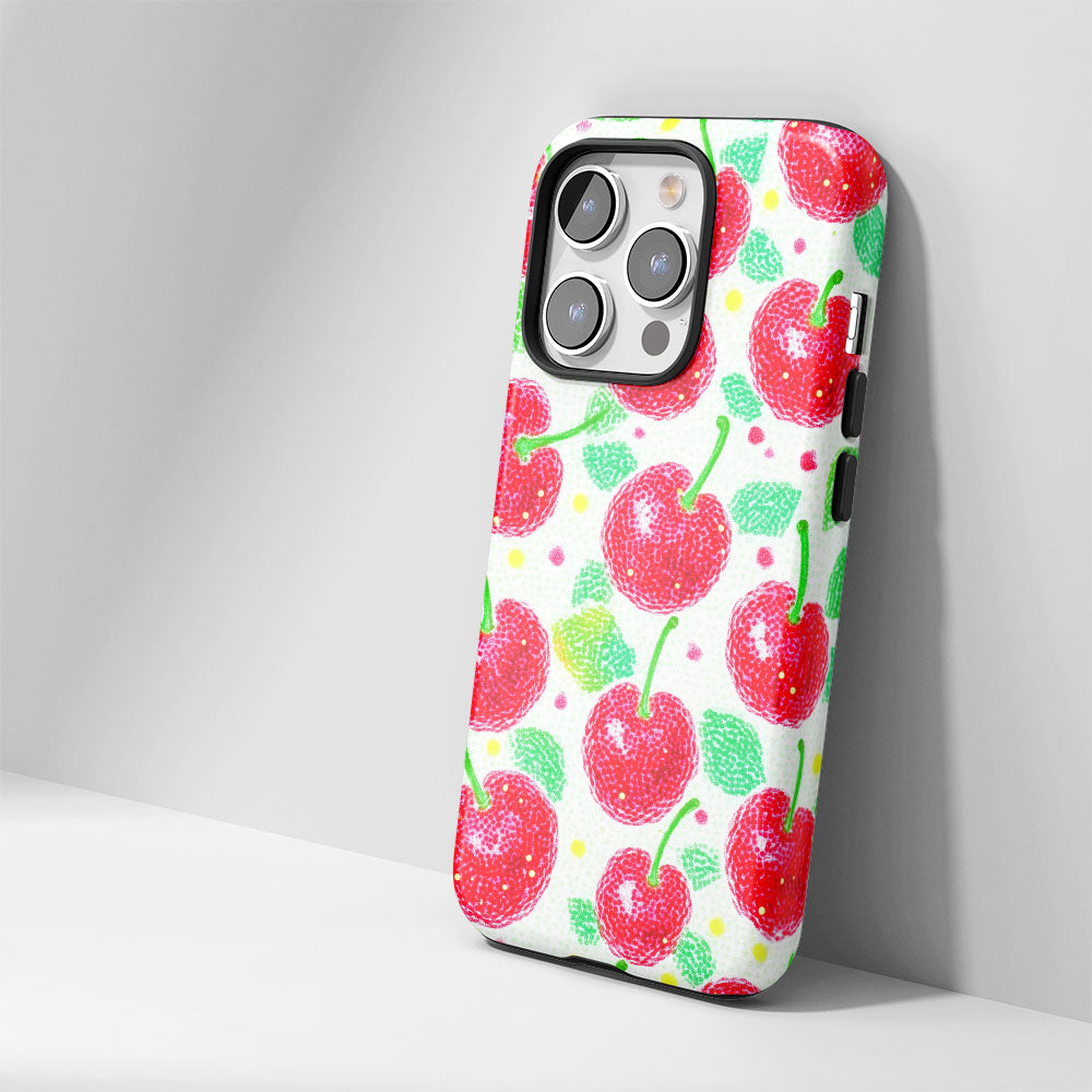 Double-Layer Semi-Handprinted Tough Matte Cherries iPhone Case