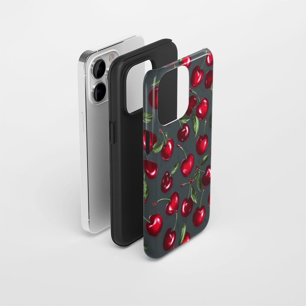 Double-Layer Semi-Handprinted Tough Matte Cherries iPhone Case