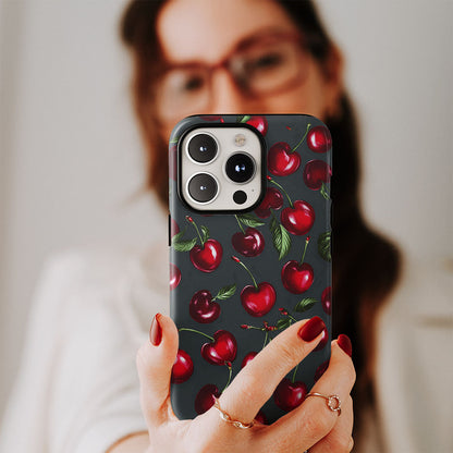 Double-Layer Semi-Handprinted Tough Matte Cherries iPhone Case