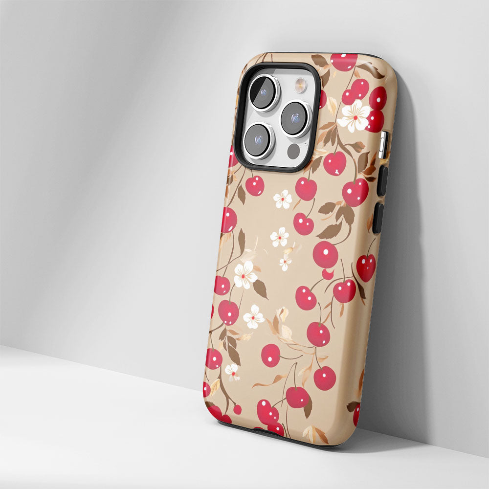 Double-Layer Semi-Handprinted Tough Matte Cherries iPhone Case