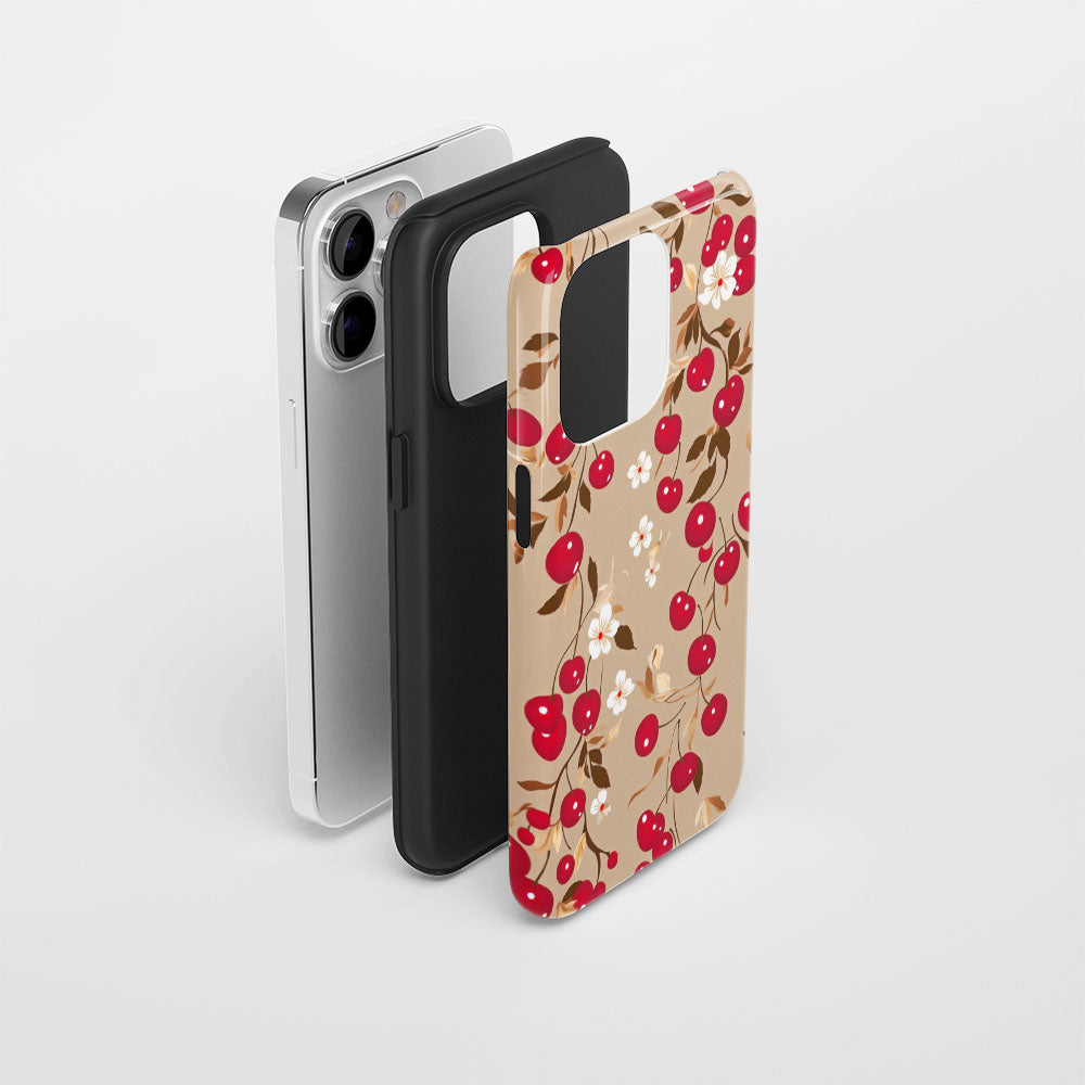 Double-Layer Semi-Handprinted Tough Matte Cherries iPhone Case