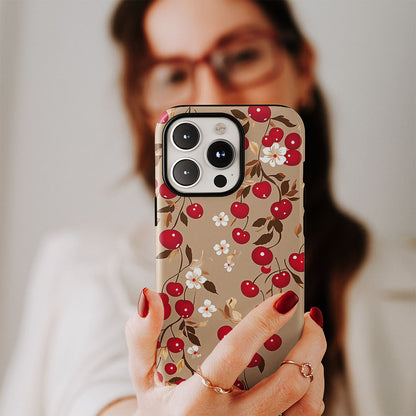 Double-Layer Semi-Handprinted Tough Matte Cherries iPhone Case