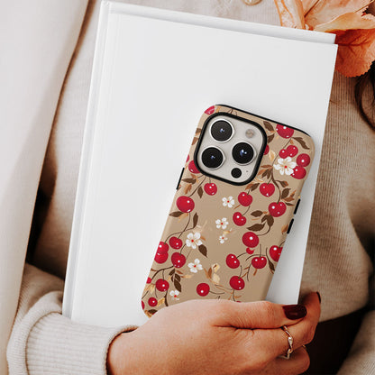 Double-Layer Semi-Handprinted Tough Matte Cherries iPhone Case