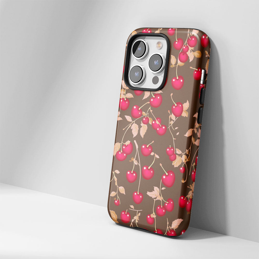 Double-Layer Semi-Handprinted Tough Matte Cherries iPhone Case