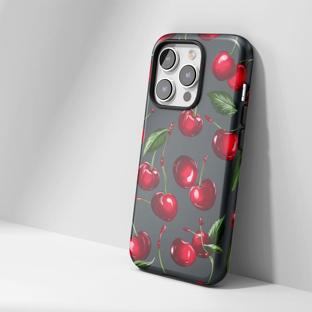 Double-Layer Semi-Handprinted Tough Matte Cherries iPhone Case