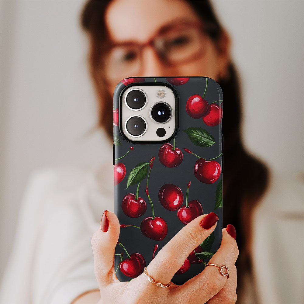 Double-Layer Semi-Handprinted Tough Matte Cherries iPhone Case