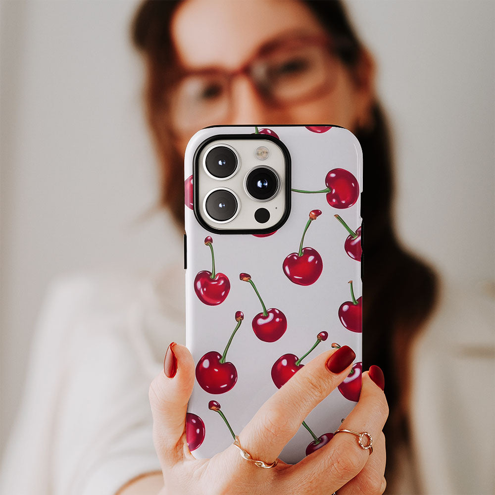 Double-Layer Semi-Handprinted Tough Matte Cherries iPhone Case