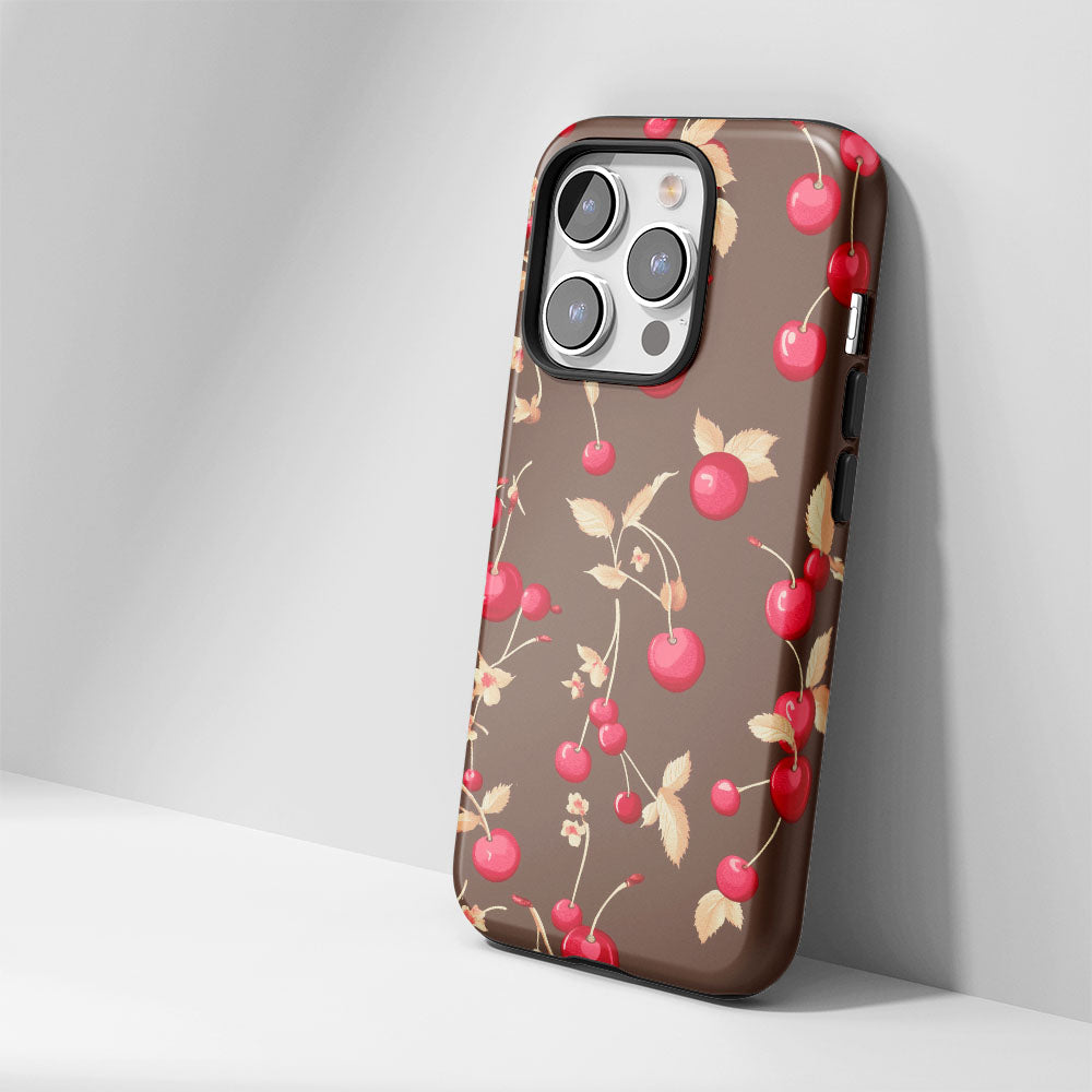 Double-Layer Semi-Handprinted Tough Matte Cherries iPhone Case