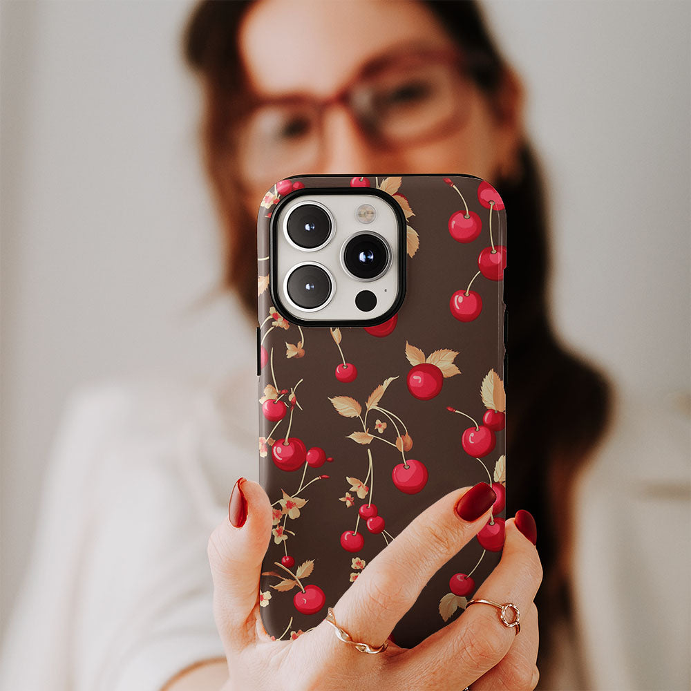 Double-Layer Semi-Handprinted Tough Matte Cherries iPhone Case