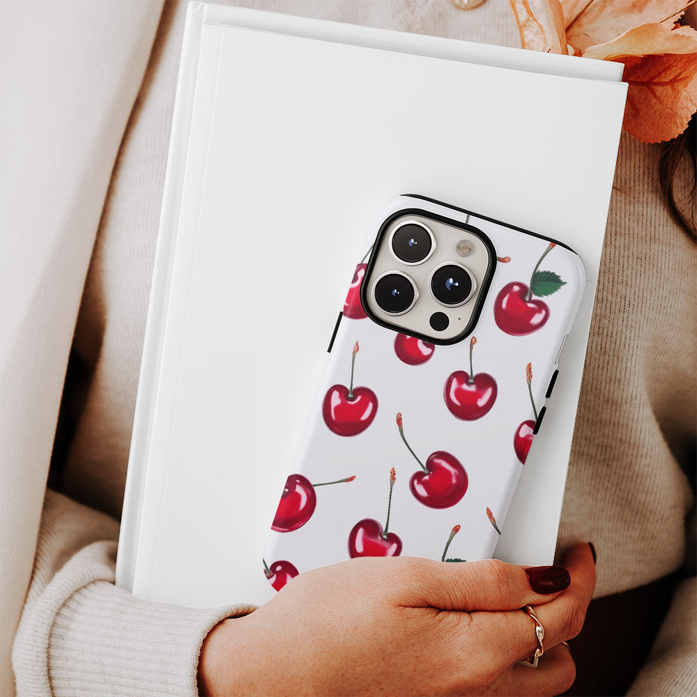 Double-Layer Semi-Handprinted Tough Matte Cherries iPhone Case