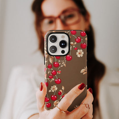 Double-Layer Semi-Handprinted Tough Matte Cherries iPhone Case