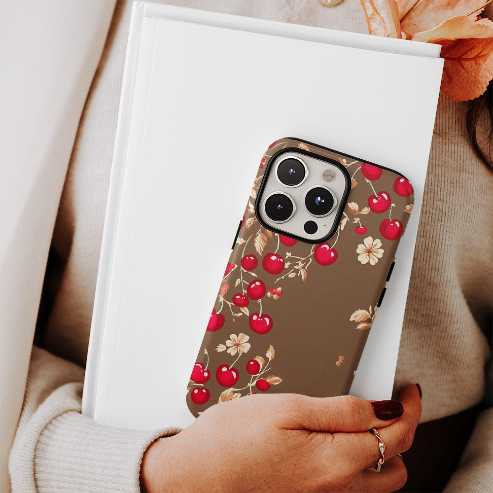 Double-Layer Semi-Handprinted Tough Matte Cherries iPhone Case